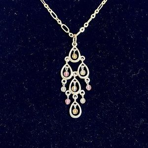 Delicate Chandelier & Peach Topaz Beads Drop Pendant Gold Tone Necklace 17”